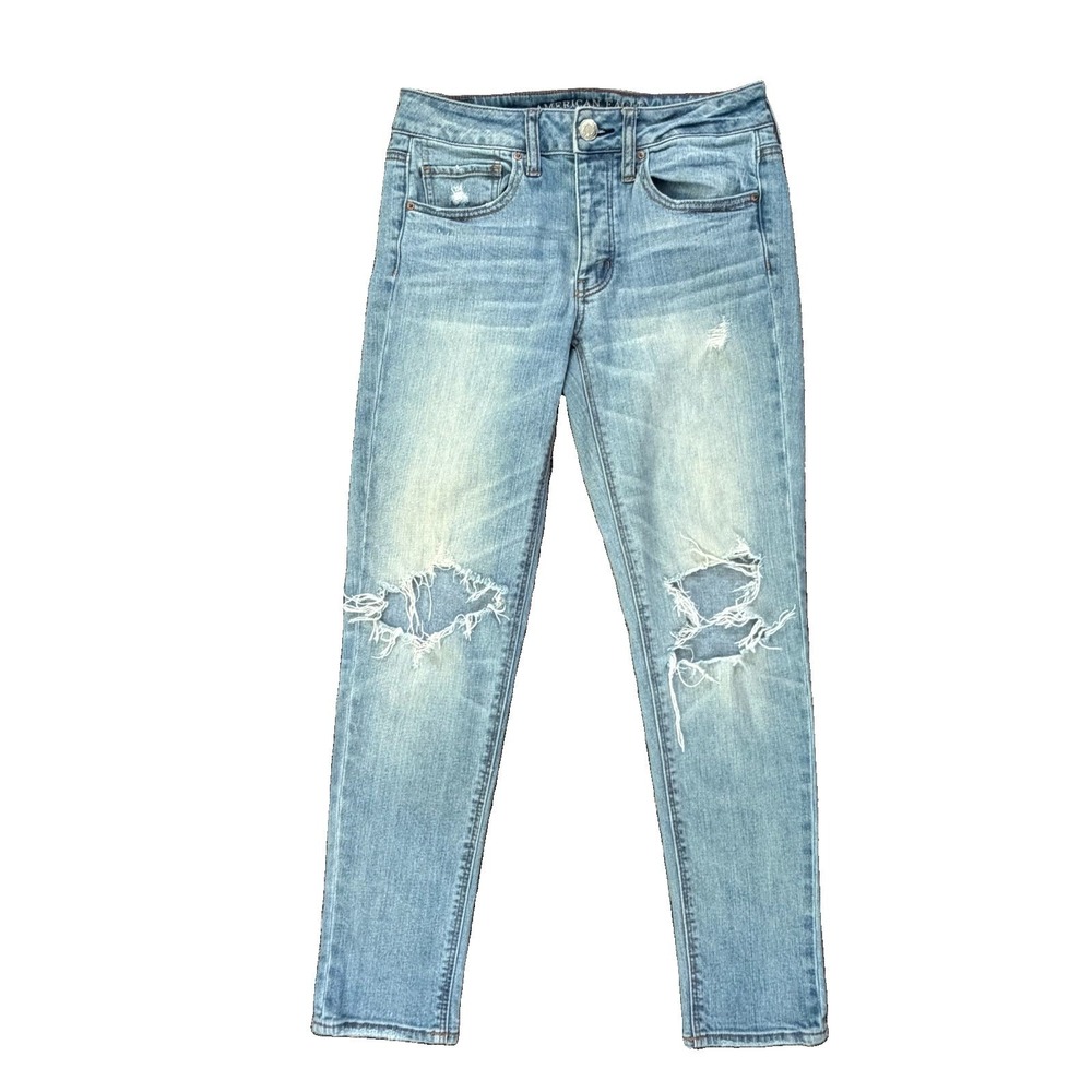 American Eagle Jeans Womens 2 Blue Tomgirl Stretch Distressed Denim Button Fly